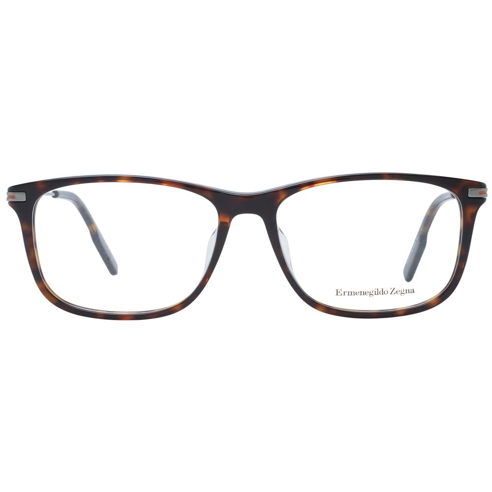 Ermenegildo Zegna Brown Men Glasses Frame, full-rim rectangular plastic eyeglasses with demo lenses, includes branded case.