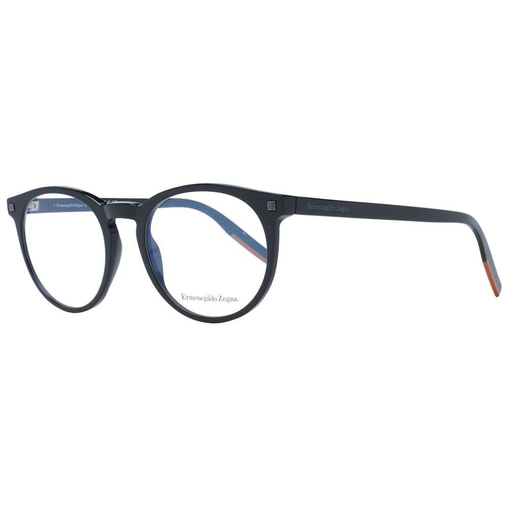 Ermenegildo Zegna Black Men Glasses Frame, full-rim plastic, round style, 52-20-145, with demo lenses in a branded case.