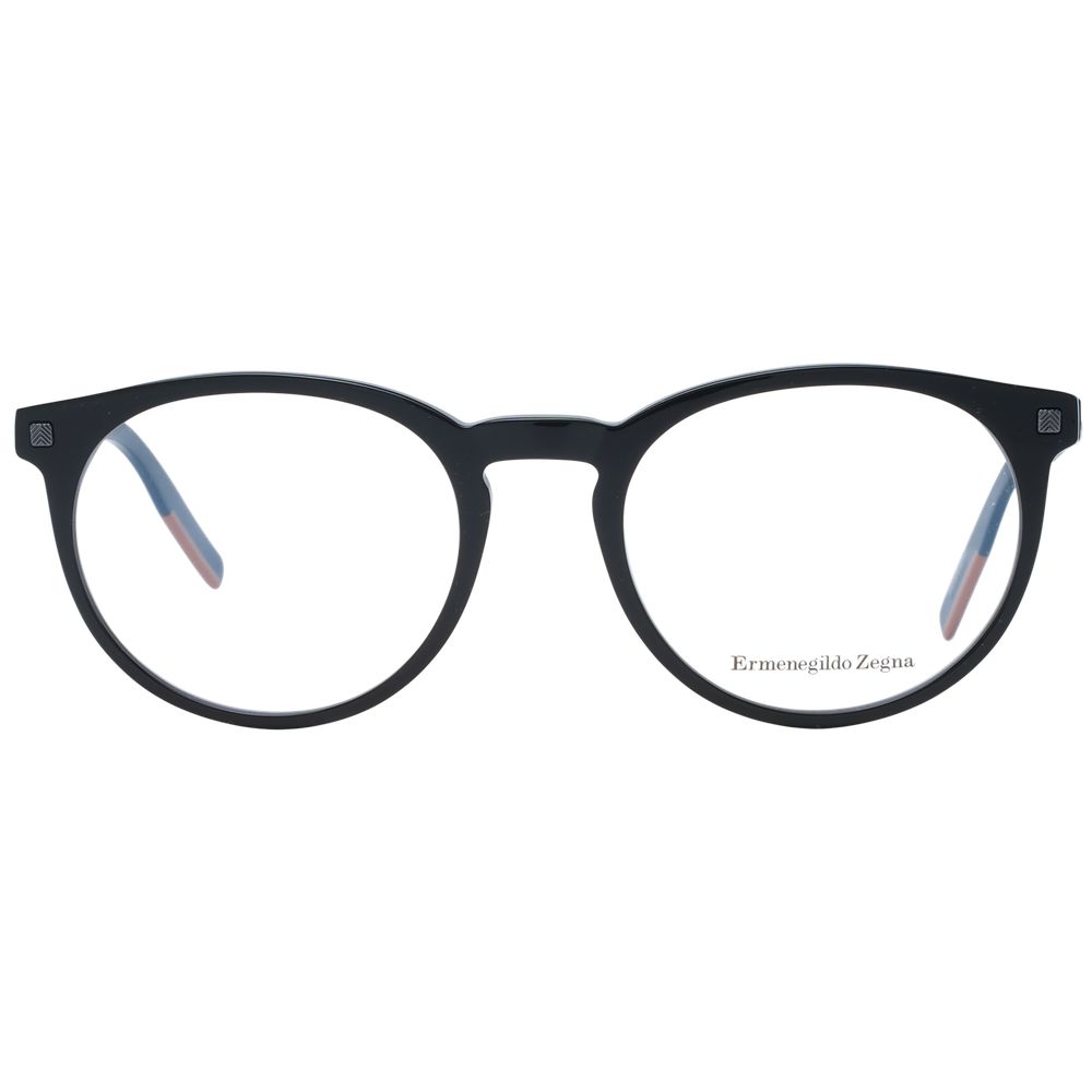 Ermenegildo Zegna Black Men Glasses Frame with full-rim plastic design, round lenses, and branded case included.