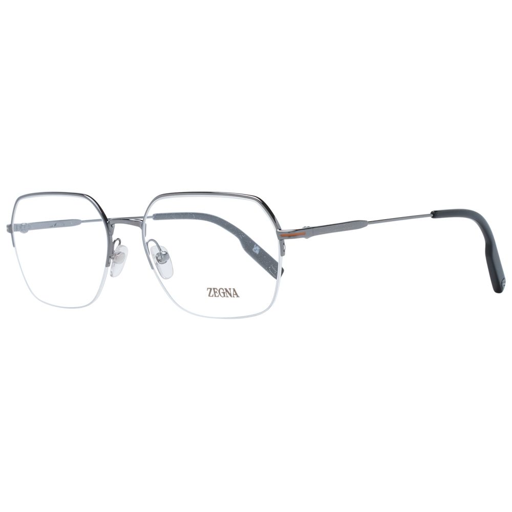 Ermenegildo Zegna Gray Men Glasses Frame in gunmetal half-rim rectangle style with demo lenses and metal frame.