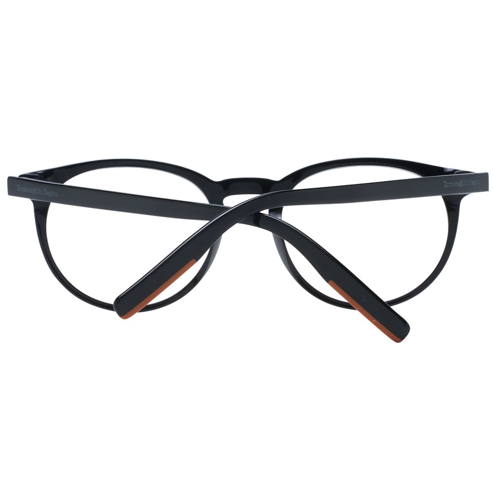 Ermenegildo Zegna Black Men Glasses Frame, full-rim plastic, round style, includes branded case, size 52-20-145, demo lenses.