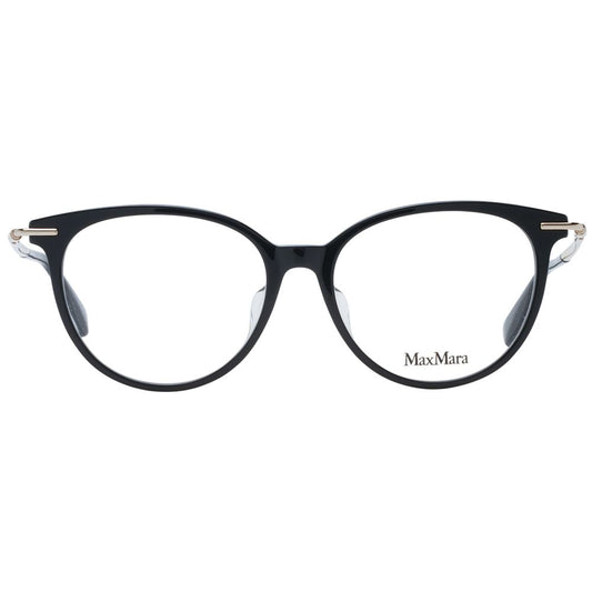 Max Mara Black Women Glasses Frame, full-rim black plastic round style with demo lenses, includes branded case.
