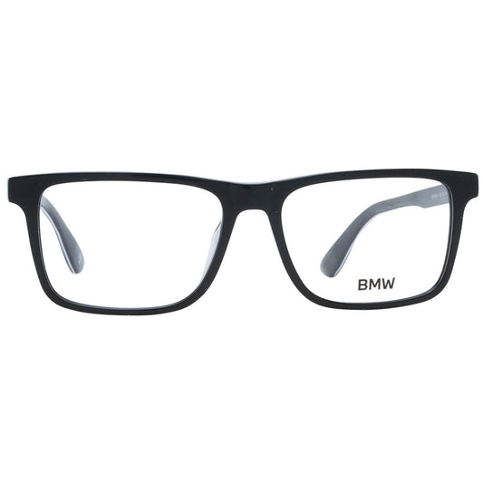 BMW Black Men Glasses Frame, full-rim rectangle style with black plastic material, demo lenses, size 55-16-150, includes branded case.