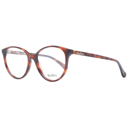 Max Mara Brown Women Glasses Frame in full-rim style with plastic round frame and clear demo lenses, includes branded case.