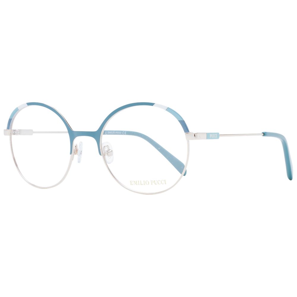 Emilio Pucci Turquoise Women Glasses Frame, full-rim metal, round style with demo lenses, size 51-19-140, includes branded case.