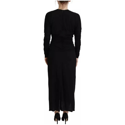 Dolce & Gabbana Black Sheath Midi Gown Wool Wrap Dress DR28808#2-42