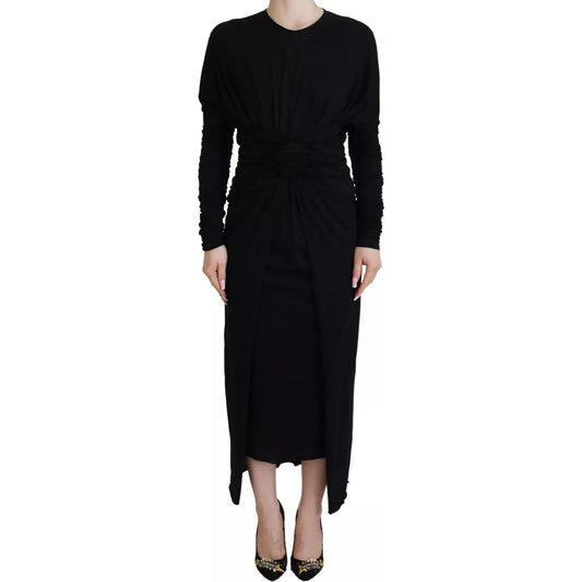 Dolce & Gabbana Black Sheath Midi Gown Wool Wrap Dress DR28808#2-42