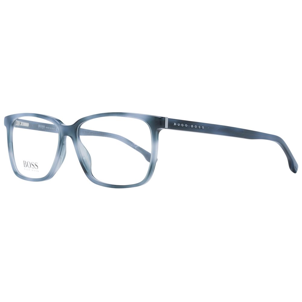 Hugo Boss Blue Men Glasses Frame, full-rim acetate rectangular blue frame with demo lenses, includes branded case.