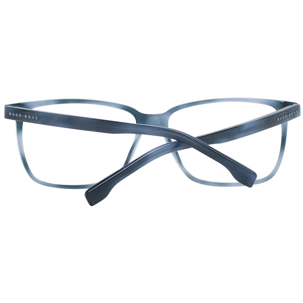 Hugo Boss Blue Men Glasses Frame in full-rim rectangular acetate, demo lenses, and spring hinge for stylish functionality.