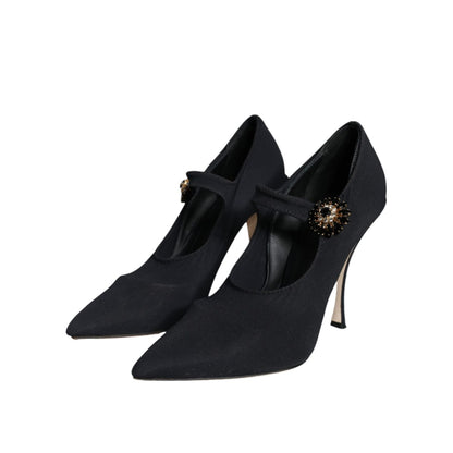 Dolce & Gabbana Black Mary Jane Jersey Crystal Pumps Shoes