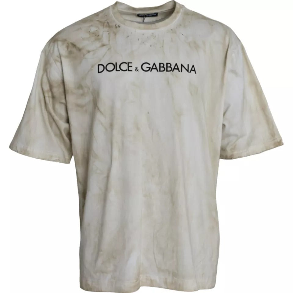 تي شيرت Dolce &amp; Gabbana Off White Logo من القطن برقبة دائرية