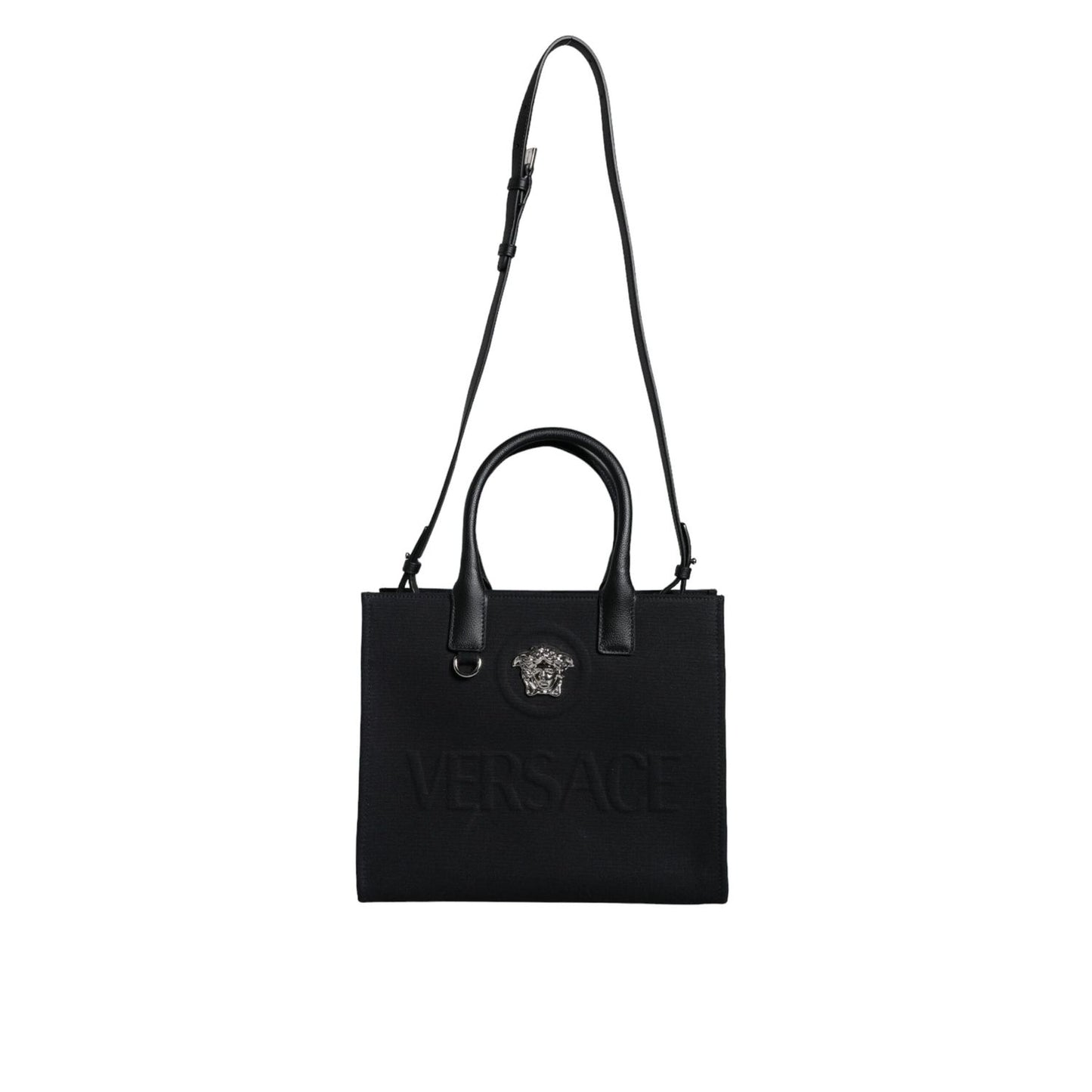 Versace Black Top Handle Canvas Leather Logo Crossbody Tote Bag