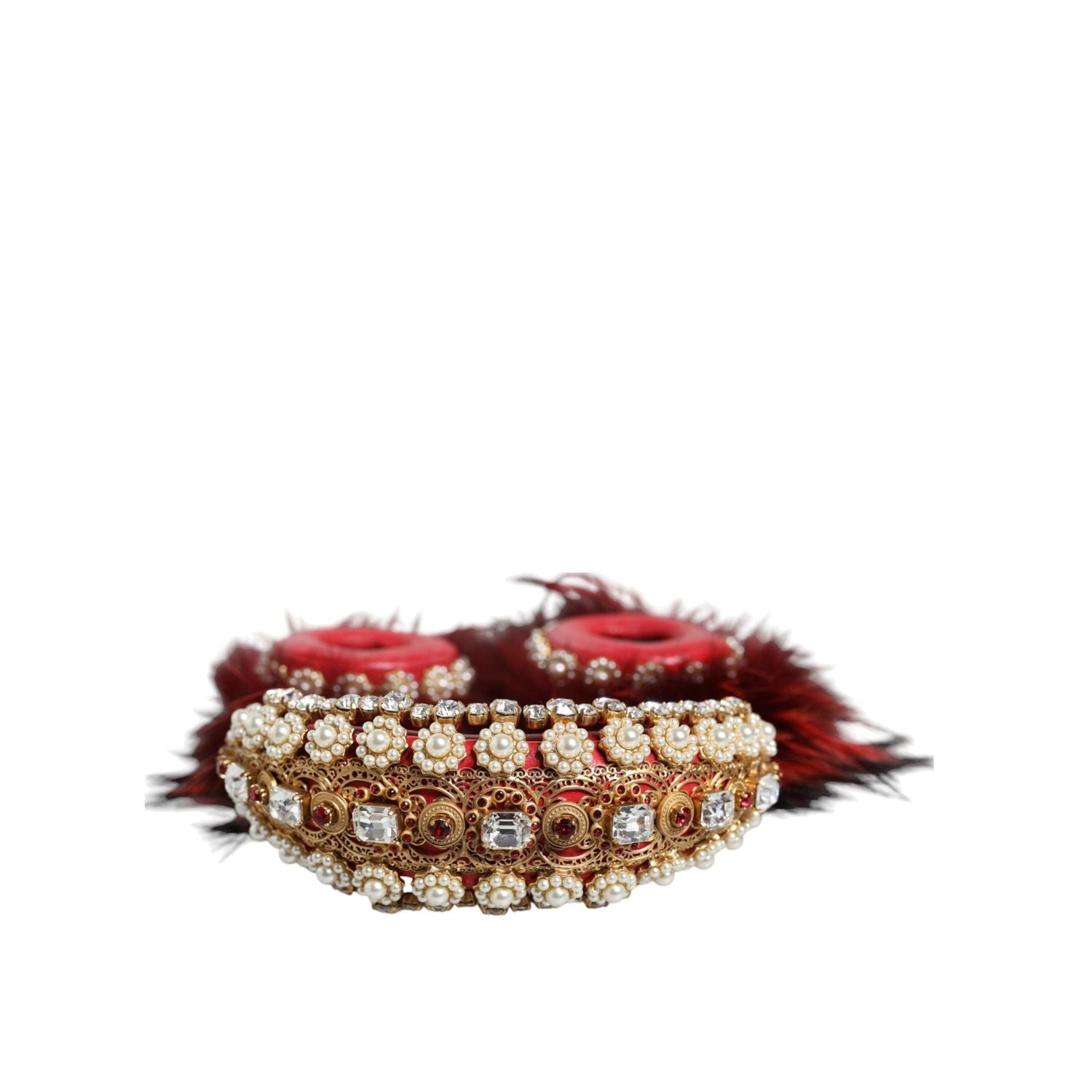 سماعات رأس من الفرو الكريستالي باللون الأحمر الذهبي من دولتشي آند غابانا مع نظام صوت AUX