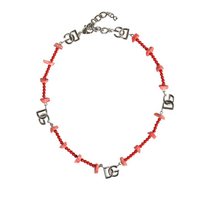 Dolce & Gabbana Silver Tone Brass Beaded Resin DG Logo Chain Necklace Necklace