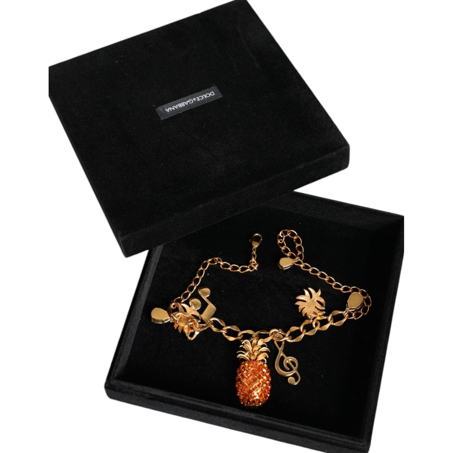 Dolce & Gabbana Gold Tone Brass Chain Pineapple Crystal Musical Necklace Necklace