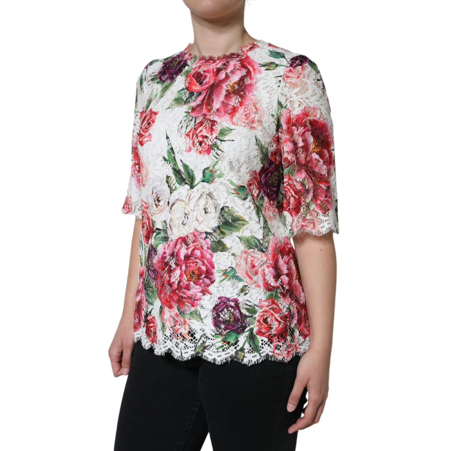 Dolce & Gabbana White Peony Lace Short Sleeves Blouse Top