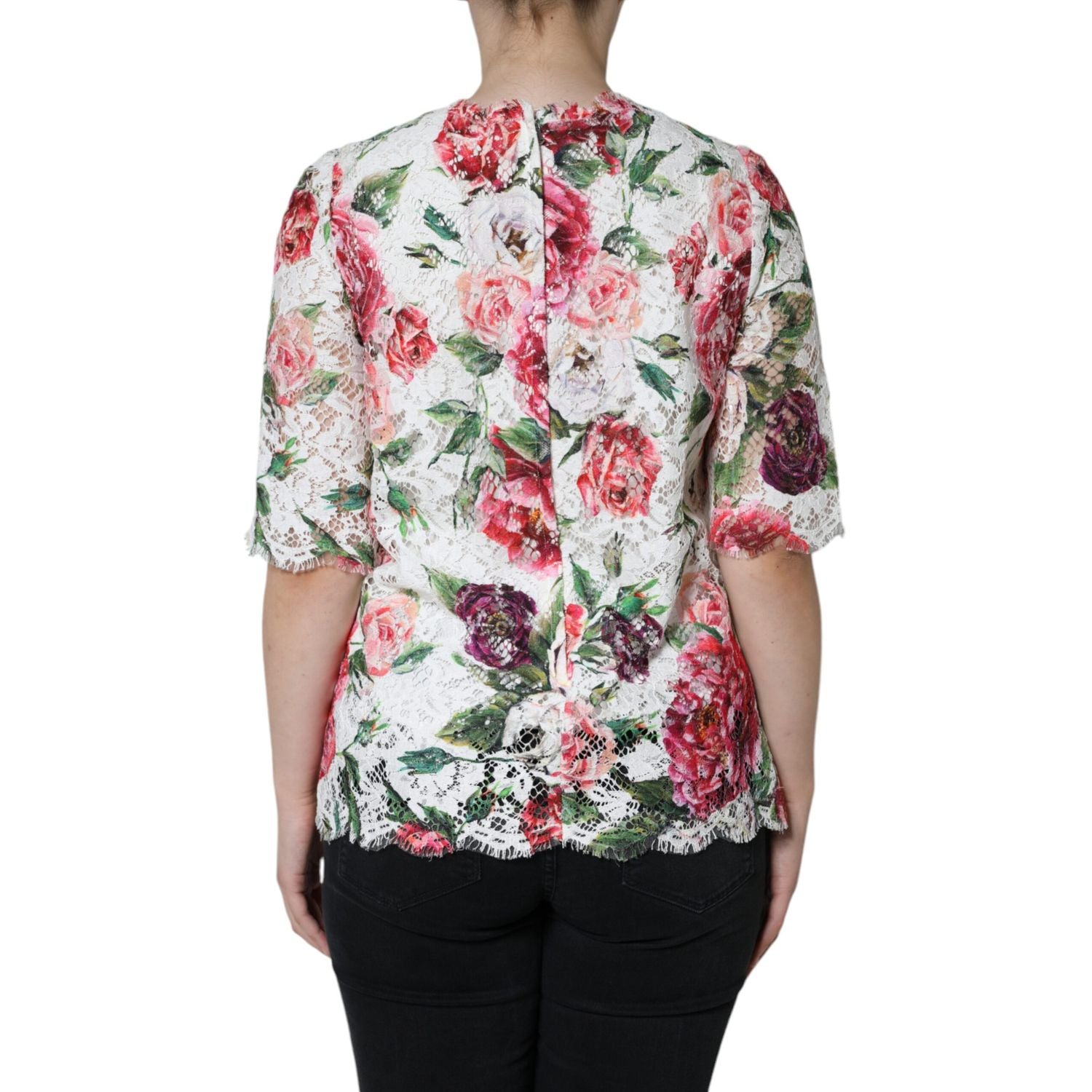 Dolce & Gabbana White Peony Lace Short Sleeves Blouse Top