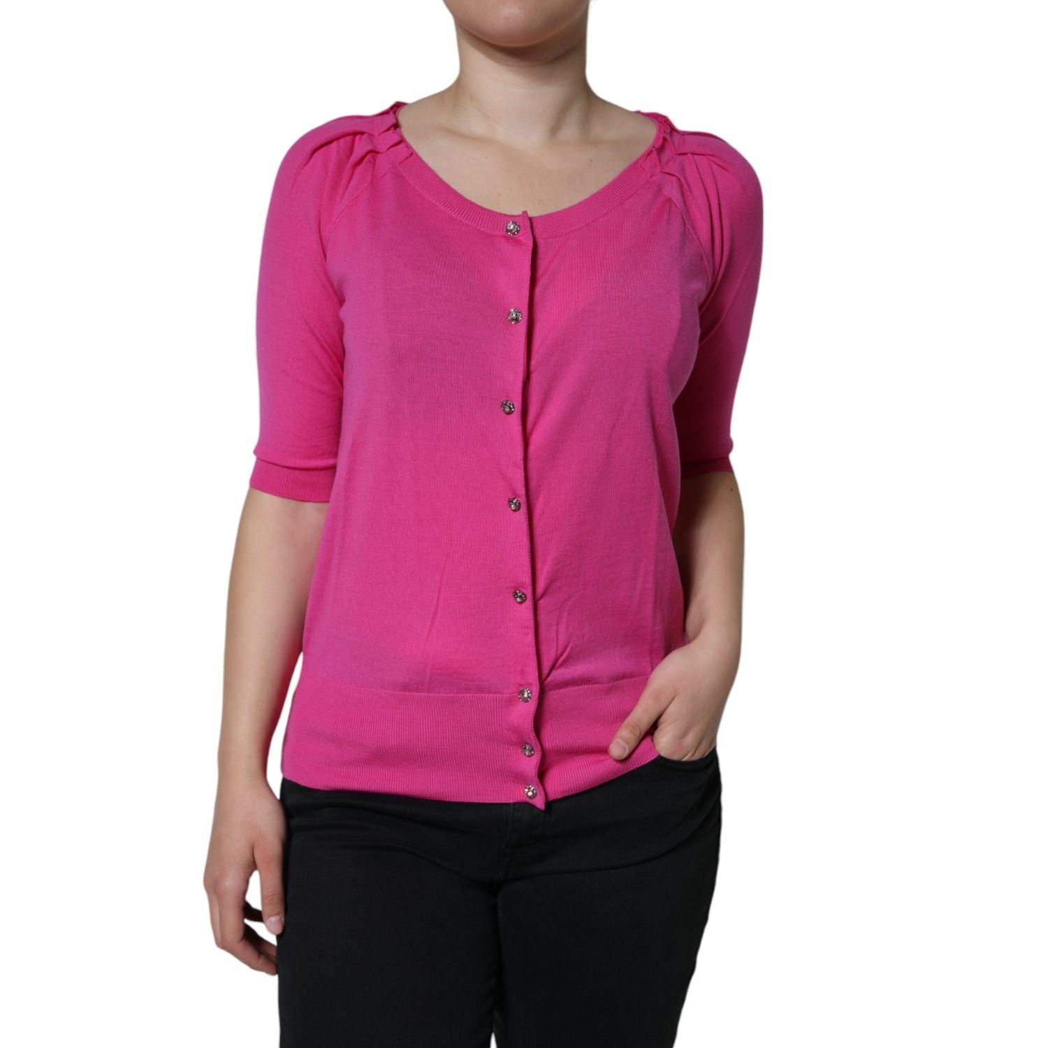 Dolce & Gabbana Pink Wool Button Down Short Sleeve Blouse Top