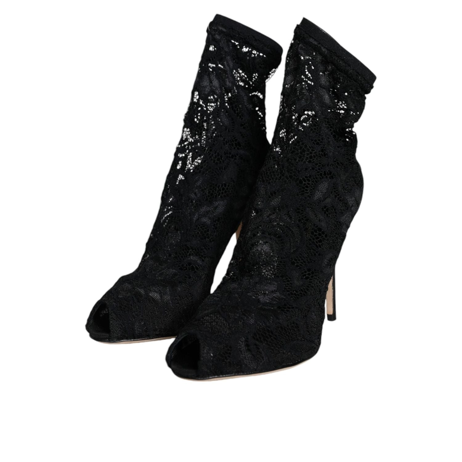 Dolce & Gabbana Black Lace Stretch Heels Mid Calf Boot Shoes