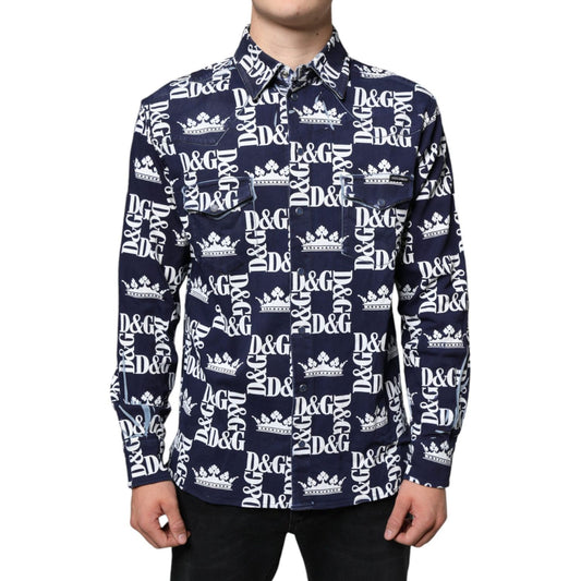 Dolce & Gabbana Blue Crown Logo Print Slim Fit Cotton Shirt TSH87099-38