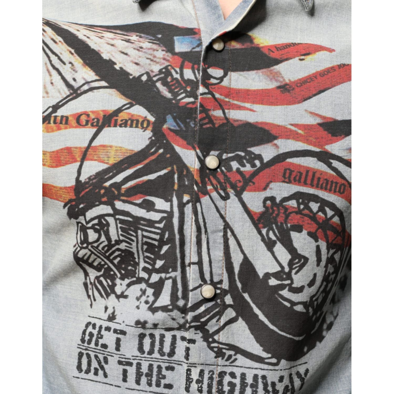 John Galliano Light Blue Printed Cotton Denim Long Sleeves Shirt