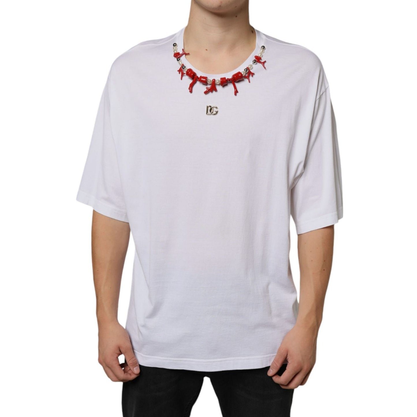Dolce & Gabbana White Cotton Necklace Embellished T-shirt