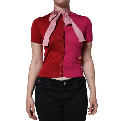 Dolce & Gabbana Pink Short Sleeves Pullover Ascot Collar Top