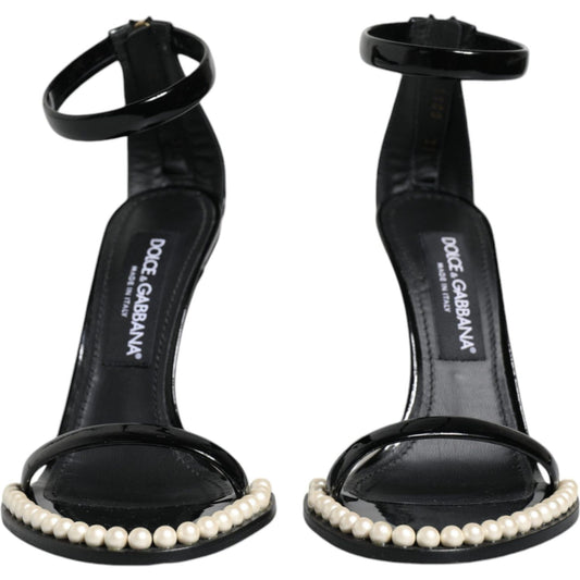 Dolce & Gabbana Black Keira Leather Faux Pearl Sandals Heels Shoes LA11782-37.5