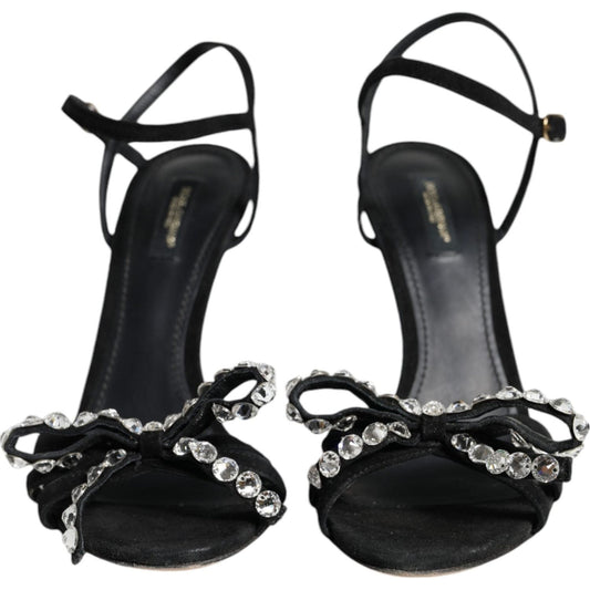 Dolce & Gabbana Black Leather Crystal Bow Heels Sandals Shoes LA11934-38
