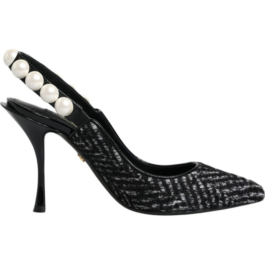 Dolce & Gabbana White Black Chevron Faux Pearl Slingback Shoes LA11760-35