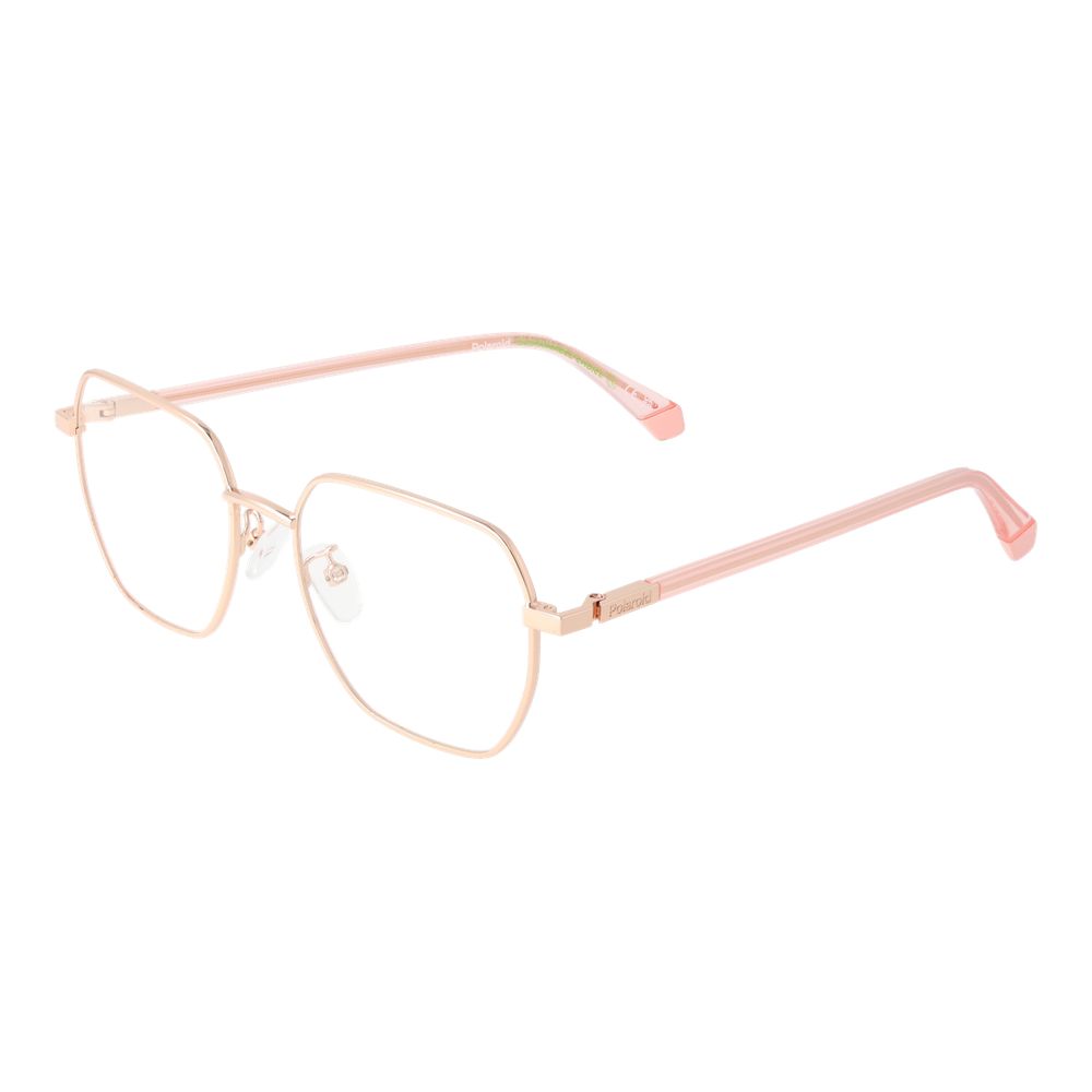 Polaroid Gold Women Glasses Frame with eco metal full-rim square design, 52-18-145 size, demo lenses included.