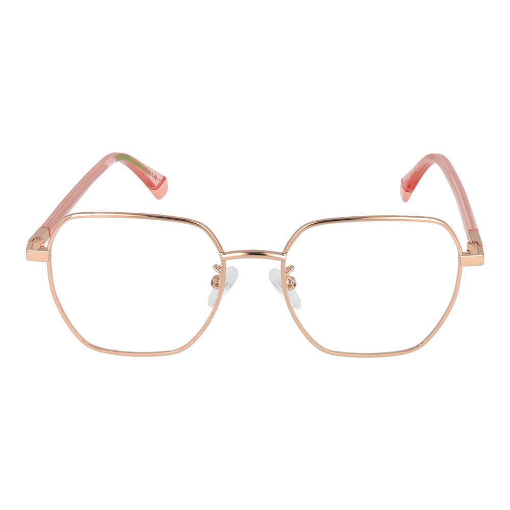 Polaroid Gold Women Glasses Frame, full-rim eco metal, square style, demo lenses, gold color, size 52-18-145, includes branded case.