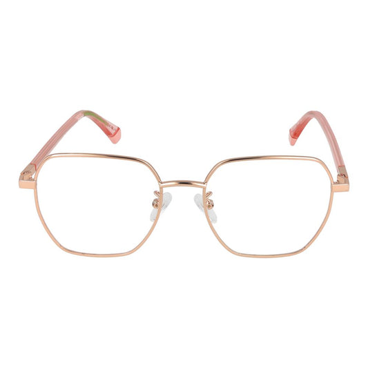 Polaroid Gold Women Glasses Frame, full-rim eco metal, square style, demo lenses, gold color, size 52-18-145, includes branded case.