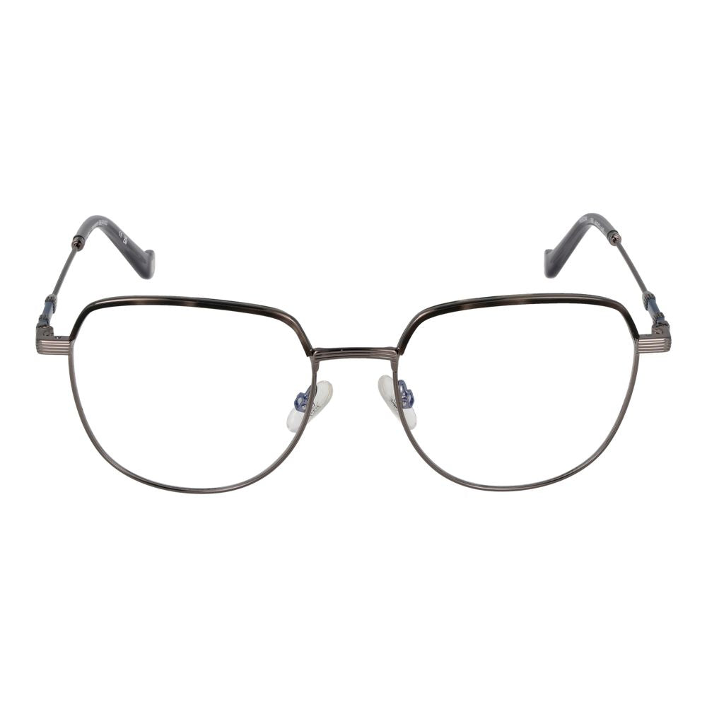 Hackett Gray Men Glasses Frame in gunmetal, full-rim style with metal frame and round design. Includes branded case. Size 51-17-140.