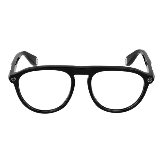 Philipp Plein Black Men Glasses Frame, round full-rim style made of cellulose acetate, includes branded case, size 54-18-145.