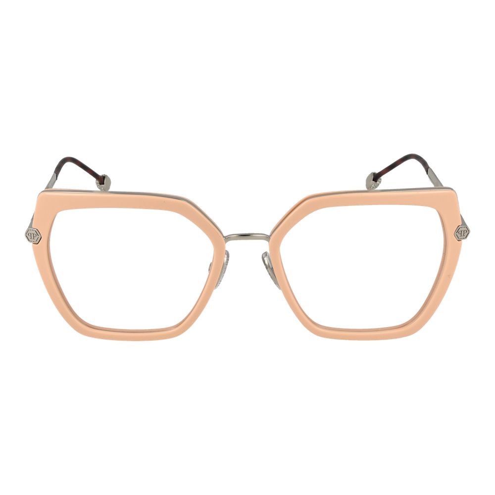 Philipp Plein Pink Women Glasses Frame with rose metal and plastic full-rim, spring hinge, rectangle style, demo lenses.