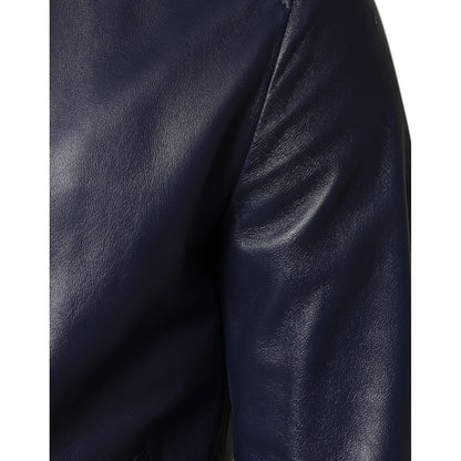 Dolce & Gabbana Blue Leather Full Zip Hooded Bomber Jacket