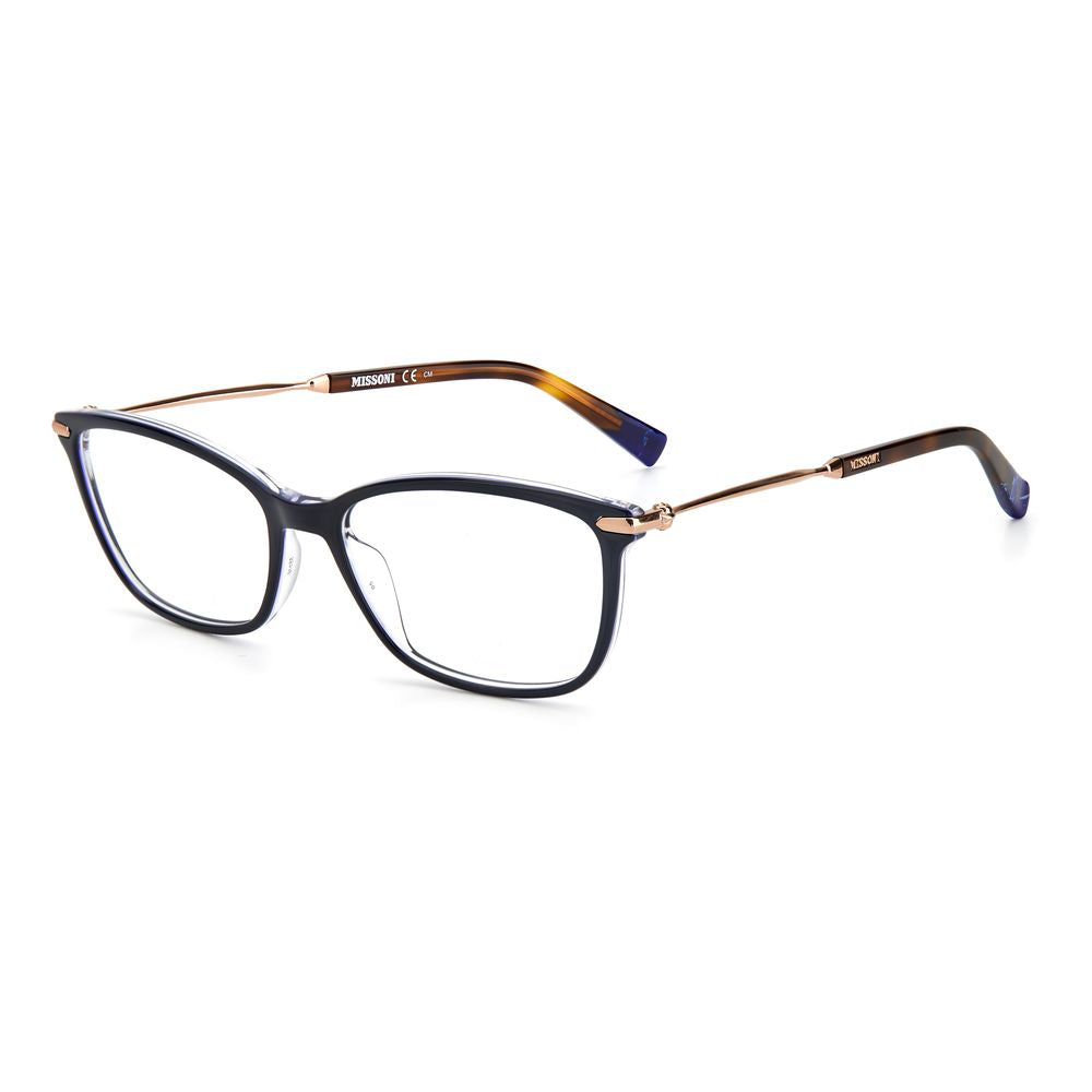 Missoni Blue Acetate Frames with gold temples, size 55/16/145, showcasing chic design and style for women.