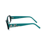 Side view of Emilio Pucci Black Plastic Frames with teal arms and patterned accents, model EP264842552, measuring 52/15/135 mm.
