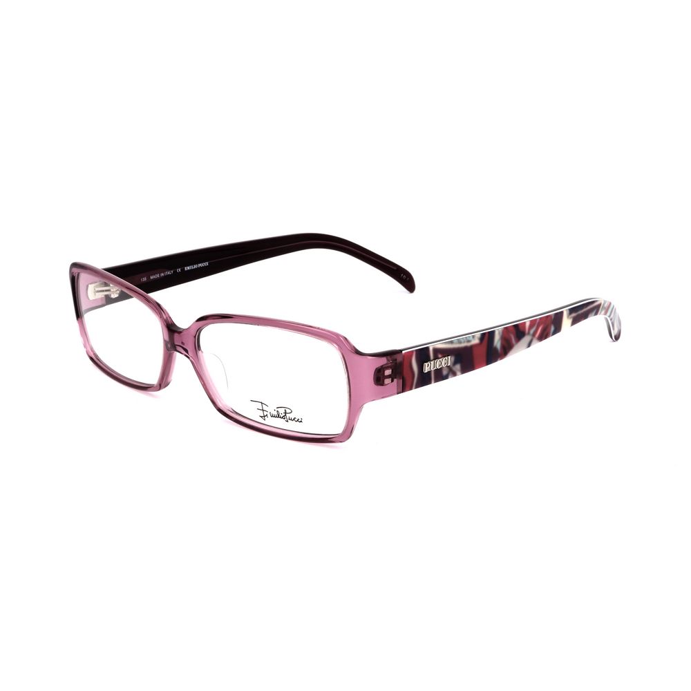 Emilio Pucci Purple Plastic Frames with pink and dark patterned temples, model number EP265250053, lens size 53mm, bridge 14mm, temple 135mm.