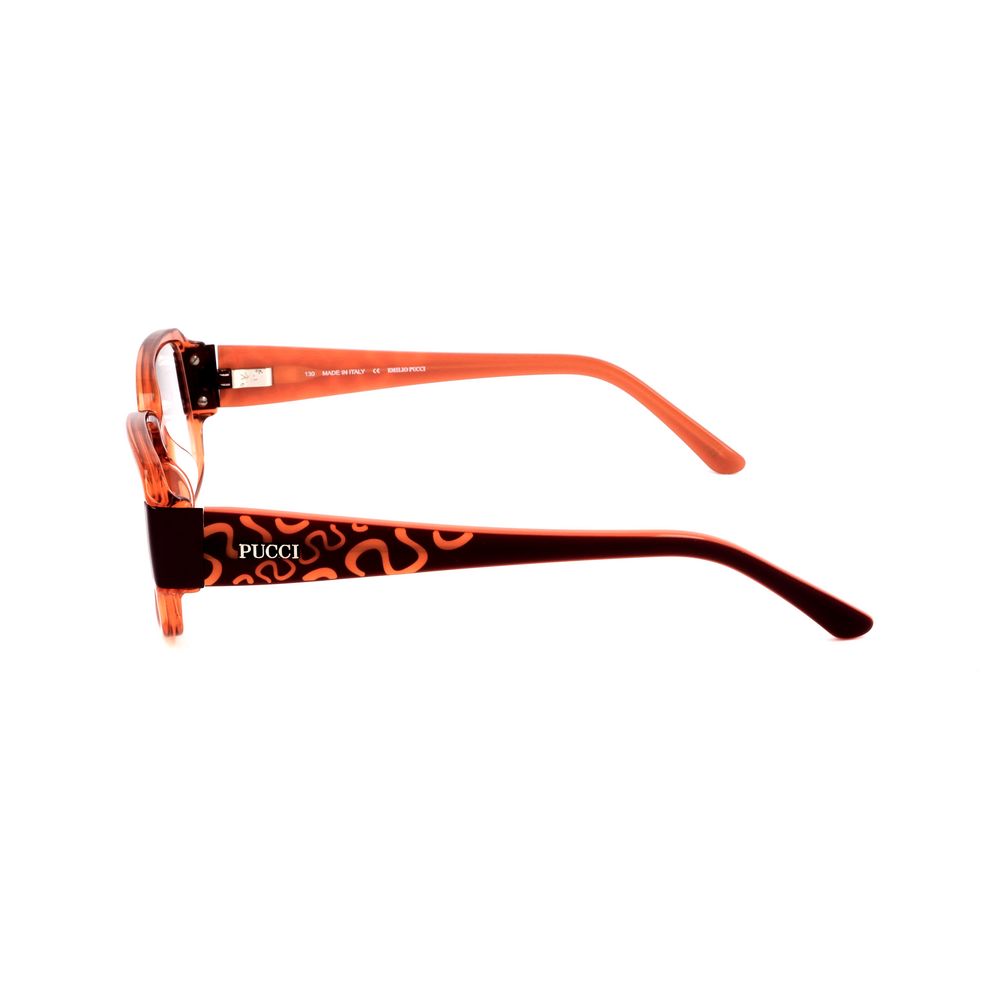 Side view of Emilio Pucci Orange Plastic Frames, featuring intricate patterns on temples, showcasing unique design and vibrant color.