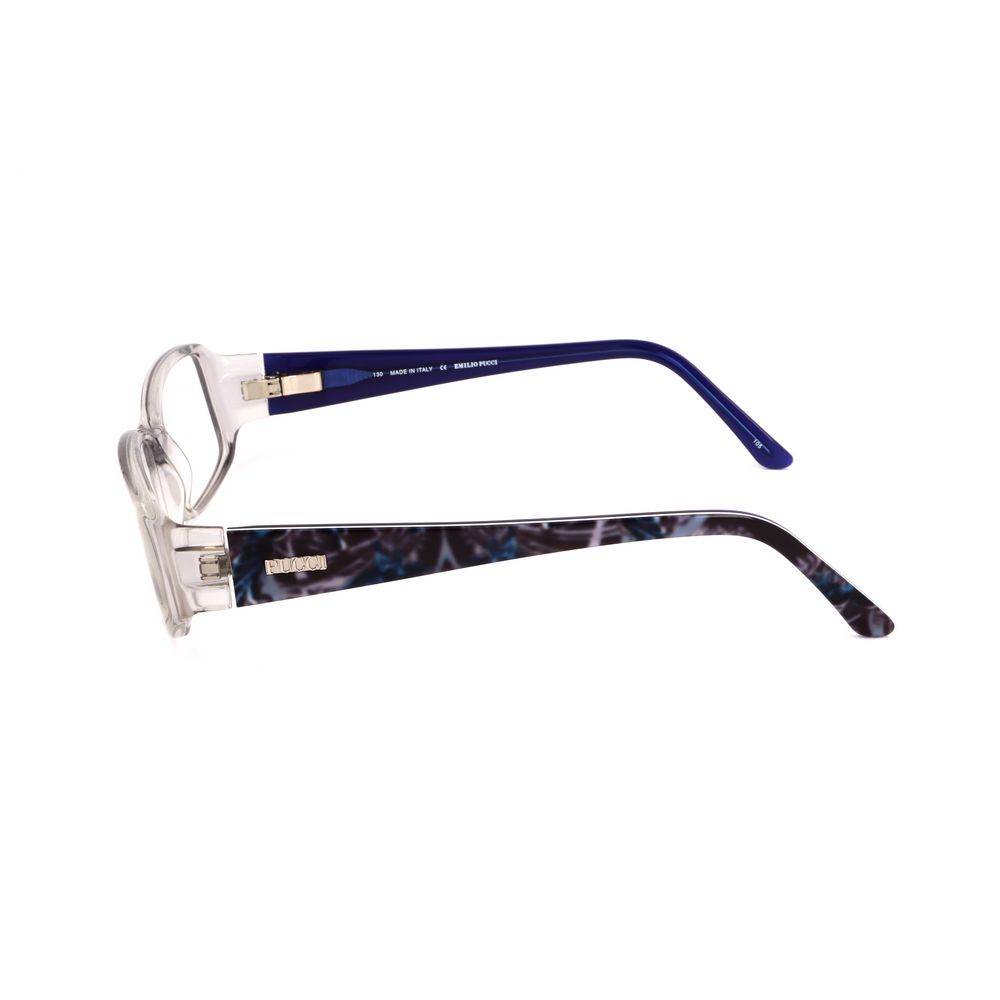 Side view of Emilio Pucci Blue Plastic Frames featuring transparent blue temples, size 53/14/130mm, stylish eyewear for women.