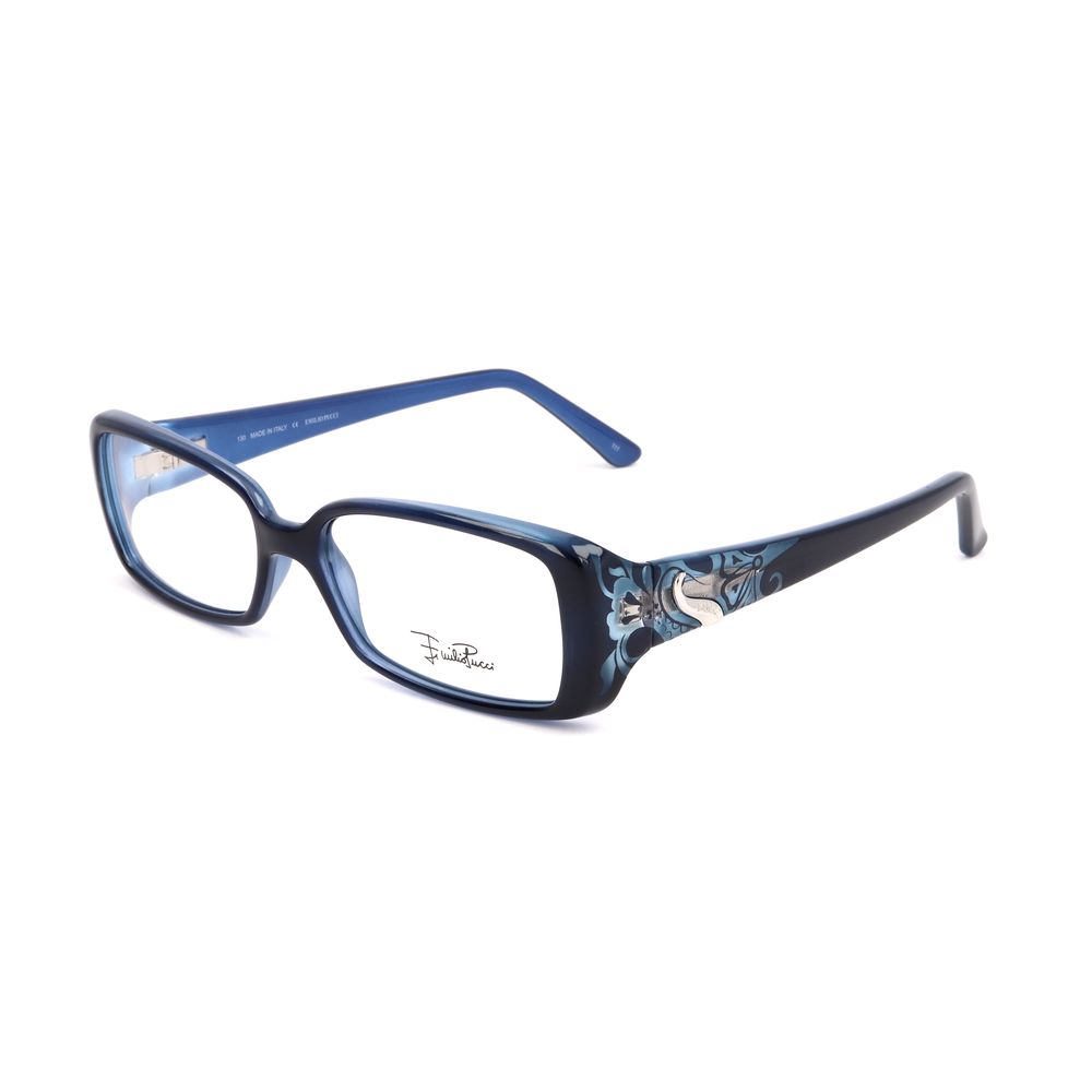 Emilio Pucci Blue Plastic Frames with intricate side detailing, rectangular shape, 53/15/130 mm measurements, stylish women's eyewear.