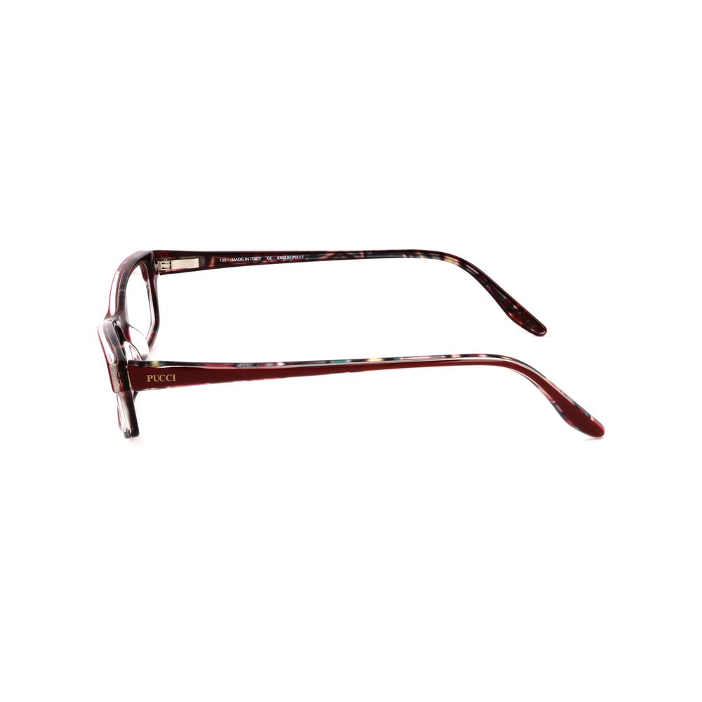 Side view of Emilio Pucci Red Plastic Frames, showcasing elegant temple design and brand logo. Measures 51/15/135 mm.