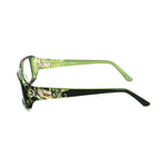 Side view of Emilio Pucci Green Plastic Frames with decorative temple, model EP2661304, featuring a unique green pattern and durable plastic material.