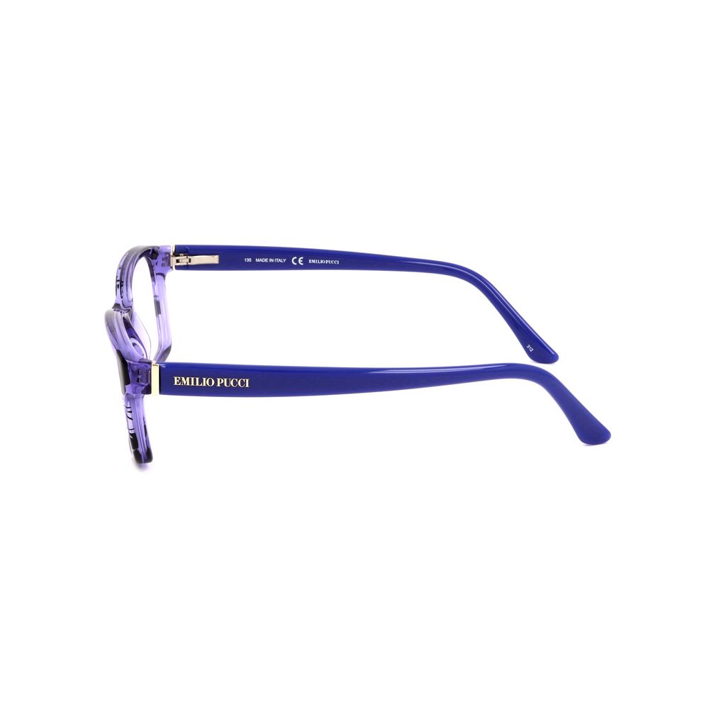 Emilio Pucci Blue Plastic Frames, side view of denim-colored women's eyeglasses with measurements 53/15/135 mm