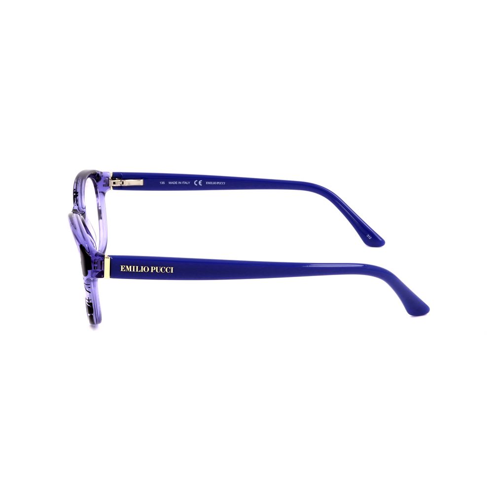 Side view of Emilio Pucci Blue Plastic Frames with denim color and dimensions 53/15/135mm, showing the temple and brand logo.