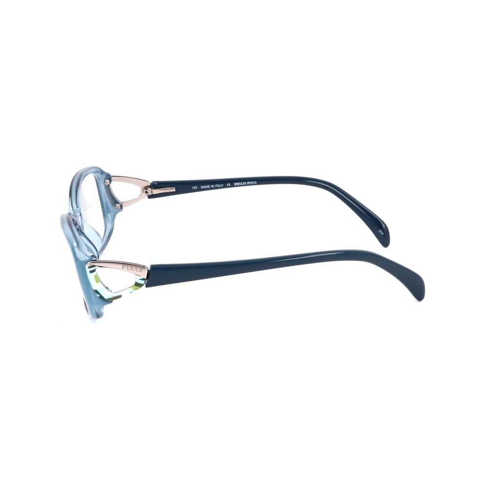 Side view of Emilio Pucci Blue Plastic Frames showing lens, bridge, and temple dimensions of 53/15/120 mm.