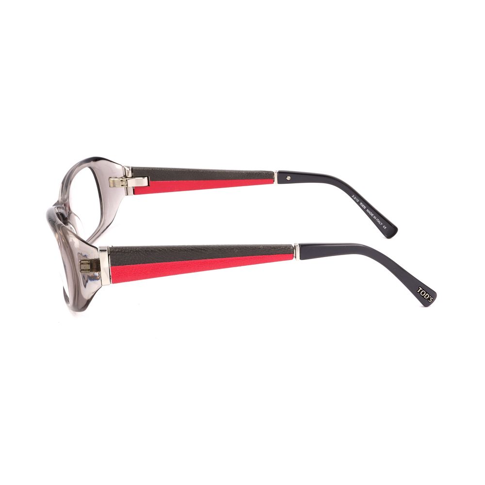 Side view of Tod's Gray Acetate Frames with red and black temple design, size 55/16/135 mm.