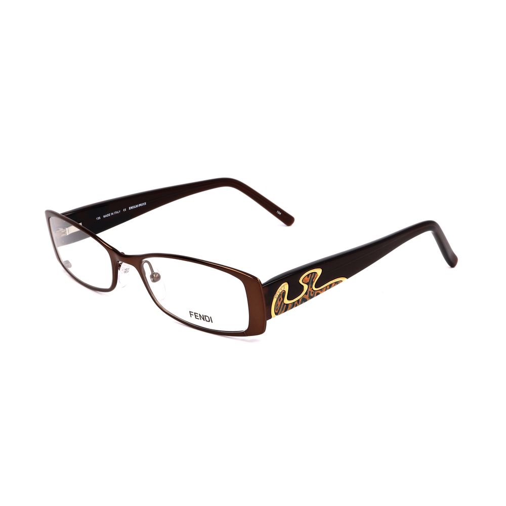 Stylish brown Fendi eyeglasses with decorative temples on a white background.